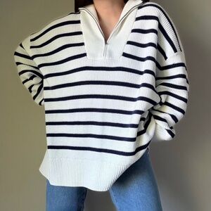 Lands’ End Drifter Striped Quarter-Zip Pullover Sweater